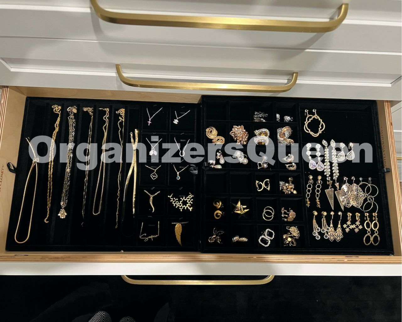 Jewelry Organizer Drawer Dividers displaying various jewelry pieces neatly arranged in an organizer by OrganizersQueen.