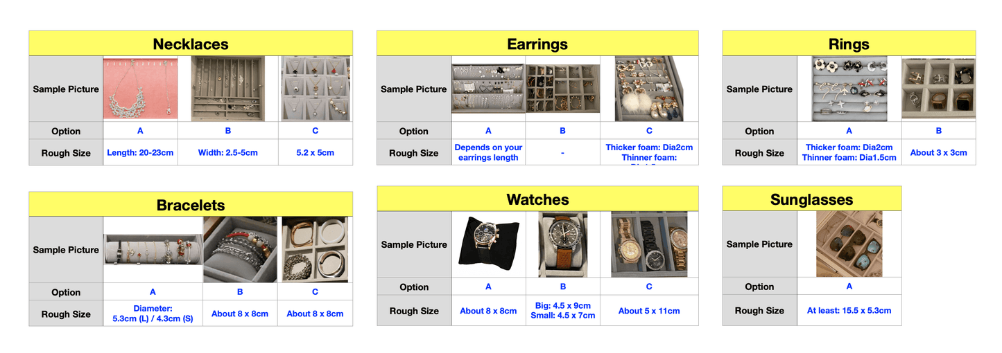 Samples of jewelry organizer tray options for necklaces, earrings, rings, bracelets, watches, and sunglasses.