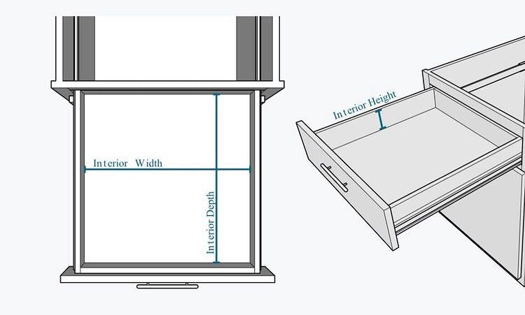 Jewelry Organizer Drawer Dividers dimensions with interior width, height, and depth measurements.