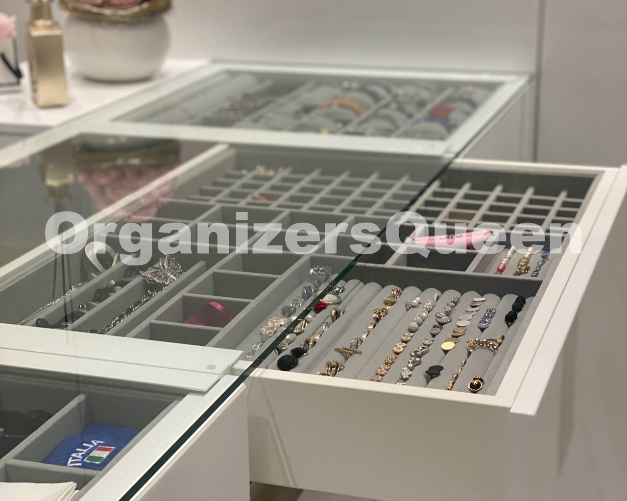 custom jewelry drawer organizer tray, velvet jewelry drawer insert, luxury jewelry storage tray, drawer divider for jewelry organization